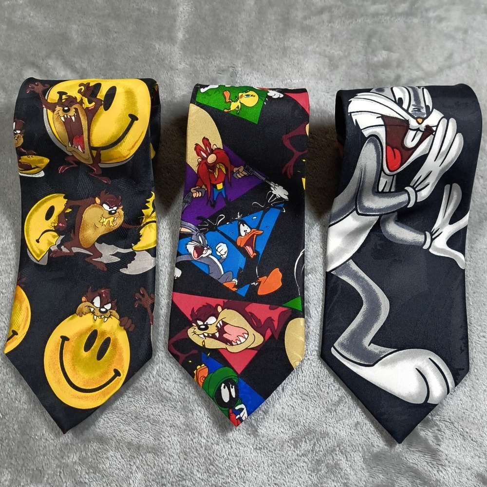 Vintage Looney Tunes Ties Mens Lot of 3 Bugs Bunny Tasmanian Devil Tweety‎ Bird